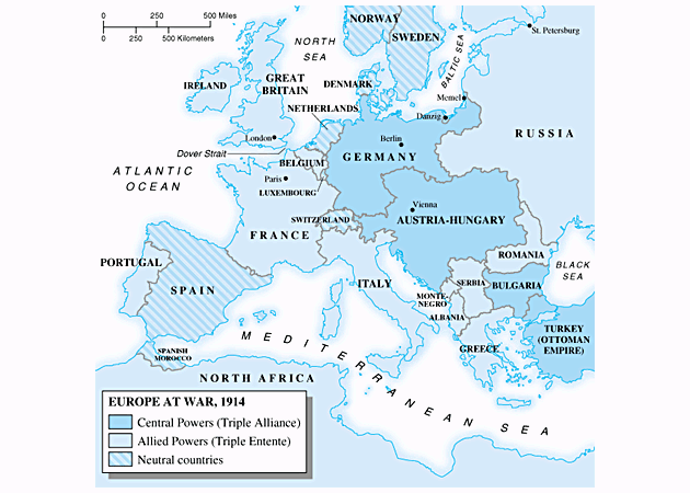 World War I. Map of Europe in