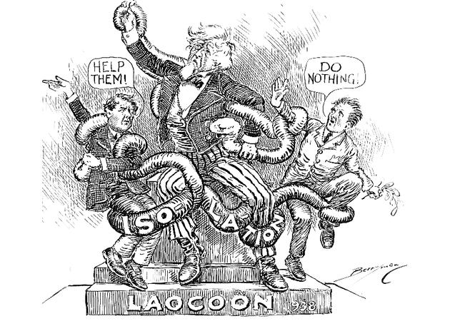 A political cartoon reflecting sentiment toward American isolationism during